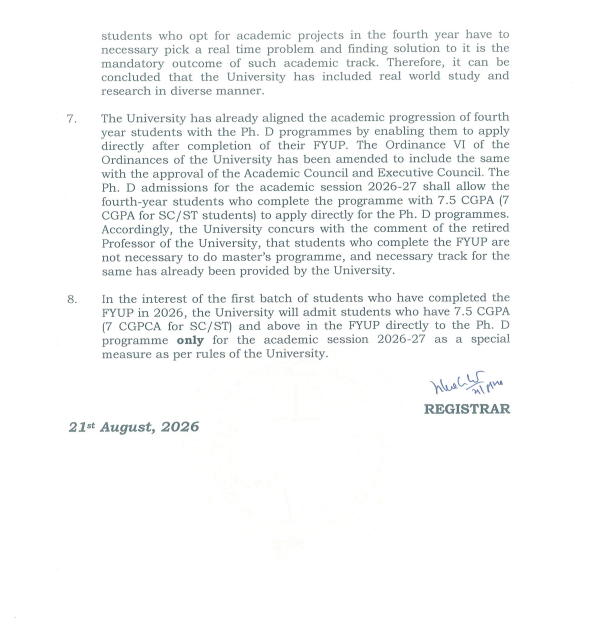 ANI's tweet photo. Delhi: The University of Delhi has announced a direct PhD pathway for students completing its four-year undergraduate programme (FYUP), allowing eligible graduates to apply for doctoral programmes without pursuing a master’s degree.

In the interest of the first batch of students who have completed the FYUP in 2026, the University will admit students who have 7.5 CGPA (7 CGPA for SC/ST) and above in the FYUP directly to the Ph. D programme only for the academic session 2026-27 as a special measure as per the rules of the University.