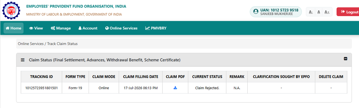 san_script's tweet photo. @officialepfo @epfindia @epfobandra @epforokandivali @socialepfo @PMOIndia @Dev_Fadnavis @epfobandra @EPFONarimanPt @mansukhmandviya @PMOIndia  Just over 3 months after resigning (10 Apr 2026), I submitted my EPF Form-19 claim on 17 Jul 2026. My claim was rejected without any reason or remark on the EPFO portal. UAN 101257239518 https://t.co/NR5PdTexlR