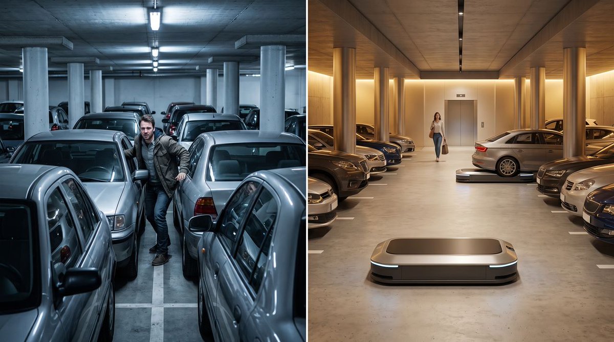 pfavorov's tweet photo. Korea just legalized parking robots inside apartment buildings. They lift the car by the wheels — no door-swing room needed. Result: 20-50% more parking in the same garage. https://t.co/Vr1sGGK70e