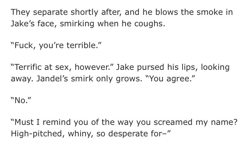 nozmyyn's tweet photo. You have good points here. However. I'ma say things back but SOMEONE had to hide and private/delete their posts so now I do not have the proof for most of it.
You've written smut yourself, specifically about Jandel and Jake. Found out about it through an older TikTok comment. https://t.co/CmQ4URZU9u