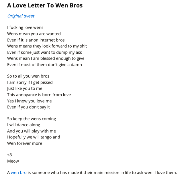 ns_doge's tweet photo. I fucking love wens
Wens mean you are wanted
Even if it is anon internet bros

solana:WENWENvqqNya429ubCdR81ZmD69brwQaaBYY6p3LCpk  sir!