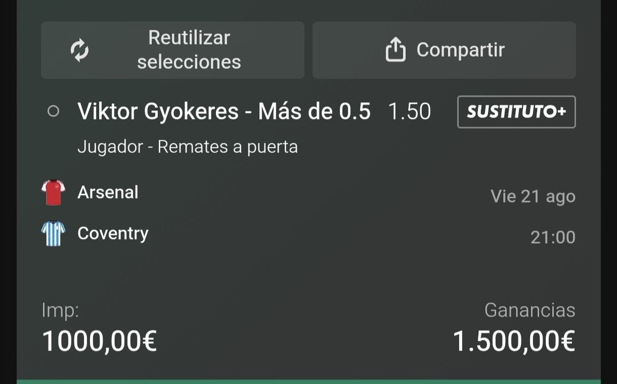 CombiElite's tweet photo. 🔥 LAS 3 MEJORES APUESTAS DE ESTE VIERNES 21 DE AGOSTO 🔥

No buscamos cuotas desorbitadas. Buscamos mercados con lógica, contexto y una línea que tenga sentido. Estas son mis 3 selecciones destacadas para hoy, todas a @1.50.

1️⃣ BETIS – REAL SOCIEDAD
MÁS DE 24.5 REMATES @1.50

Aquí la clave está en el volumen. Betis y Real Sociedad se enfrentan en la segunda jornada de LaLiga y ambos llegan con objetivos importantes desde el inicio de temporada. El partido se disputa en La Cartuja y se espera un encuentro con protagonismo de los dos equipos.

Para sacar la apuesta necesitamos 25 remates entre ambos. No hace falta que sean 25 ocasiones clarísimas: cualquier disparo contabilizado entra en el mercado. Si el encuentro tiene fases de presión, ataques por bandas, centros, rechaces y tiros desde media distancia, la línea puede crecer rápidamente.

Además, un gol temprano sería un escenario especialmente favorable, porque obligaría al equipo que vaya por detrás a asumir más riesgos y buscar más finalizaciones.

🎯 PICK: MÁS DE 24.5 REMATES

2️⃣ ARSENAL – COVENTRY
VIKTOR GYÖKERES MÁS DE 0.5 REMATES A PUERTA @1.50

Una línea muy sencilla en cuanto a exigencia: necesitamos solamente 1 remate de Gyökeres entre los tres palos.

Arsenal comienza la defensa del título en casa ante un Coventry recién ascendido, por lo que se espera que los de Arteta tengan una importante cuota de posesión y dominio territorial.

El contexto favorece especialmente a un delantero como Gyökeres: cuanto más tiempo pase Arsenal instalado cerca del área rival, más posibilidades tendrá de recibir en posiciones de finalización. Además, llega a un partido en el que Arsenal parte claramente como favorito y en el que se espera una producción ofensiva importante.

Con una sola acción bien finalizada nos sirve.

🎯 PICK: GYÖKERES +0.5 REMATES A PUERTA

3️⃣ CÓRDOBA – GIRONA
BRYAN GIL MÁS DE 1.5 REMATES @1.50

Aquí necesitamos 2 remates de Bryan Gil.

El Girona visita al Córdoba en la segunda jornada de LaLiga Hypermotion, en un partido en el que el conjunto catalán debería asumir bastante responsabilidad con balón y buscar atacar con sus jugadores ofensivos.

Bryan Gil puede ser especialmente importante en este tipo de encuentros por su capacidad para recibir abierto, encarar, entrar hacia dentro y finalizar las jugadas. Su perfil genera situaciones en las que puede acumular varios intentos, incluso aunque algunos terminen fuera o sean bloqueados.

La clave no es que marque. Ni siquiera necesitamos un remate a puerta. Solo necesitamos que contabilice 2 disparos.

🎯 PICK: BRYAN GIL +1.5 REMATES

📊 RESUMEN

BETIS – REAL SOCIEDAD → +24.5 REMATES @1.50
ARSENAL – COVENTRY → GYÖKERES +0.5 A PUERTA @1.50
CÓRDOBA – GIRONA → BRYAN GIL +1.5 REMATES @1.50

Tres mercados diferentes, pero con una idea común: buscar líneas de volumen que puedan tener recorrido durante los 90 minutos.

Si te gusta este tipo de análisis, sígueme porque voy a seguir publicando picks, explicando el porqué de cada selección y señalando las apuestas que considero más interesantes del día.

No se trata de apostar por apostar. Se trata de entender el mercado.

APUESTA CON RESPONSABILIDAD. Ninguna apuesta garantiza beneficios y puedes perder el dinero apostado.