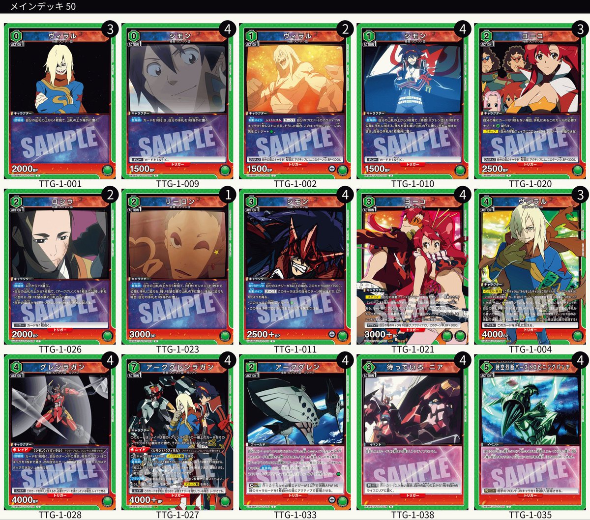 siranor1_poke's tweet photo. とりあえずとりあえずグレンラガン仮組
🟩アークグレン
→枠なし、足回りとパワーは随一
🟩天元突破
→もう超銀河からでいいよ、頑張って3点入れてくれ
🟥ニア
→中盤パワー無さすぎ罪、バフモリモリでなんとかして
🟥カミナ
→序中盤の戦い方わかんね

全体的に楽しそうではある
 #しらのりデッキメモ https://t.co/ESpS6MF2yS