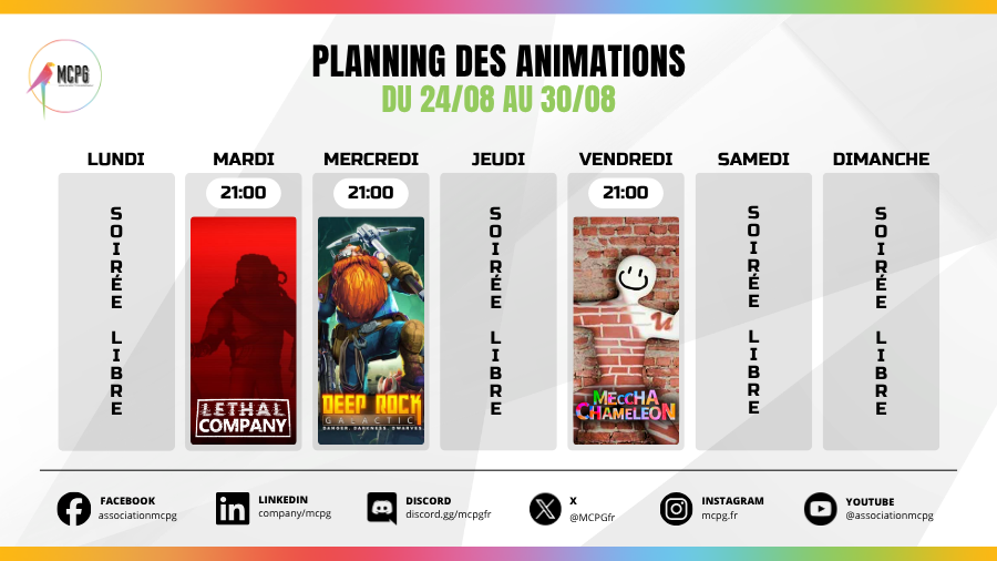 MCPGfr's tweet photo. Cette semaine,  MCPG+ vous propose 3 𝐬𝐨𝐢𝐫𝐞́𝐞𝐬 𝐣𝐞𝐮𝐱  :

Mardi 25 août à 21h  : Lethal company
Mercredi 26 août à 21h : Deep Rock Galactic
𝐕𝐞𝐧𝐝𝐫𝐞𝐝𝐢 28 août 𝐚̀ 𝟐𝟏𝐡 : Meccha Chameleon

Pour nous rejoindre : lien en bio.
#AssociationMCPG #animation #jeuxvidéos https://t.co/EDaSIGlvuu