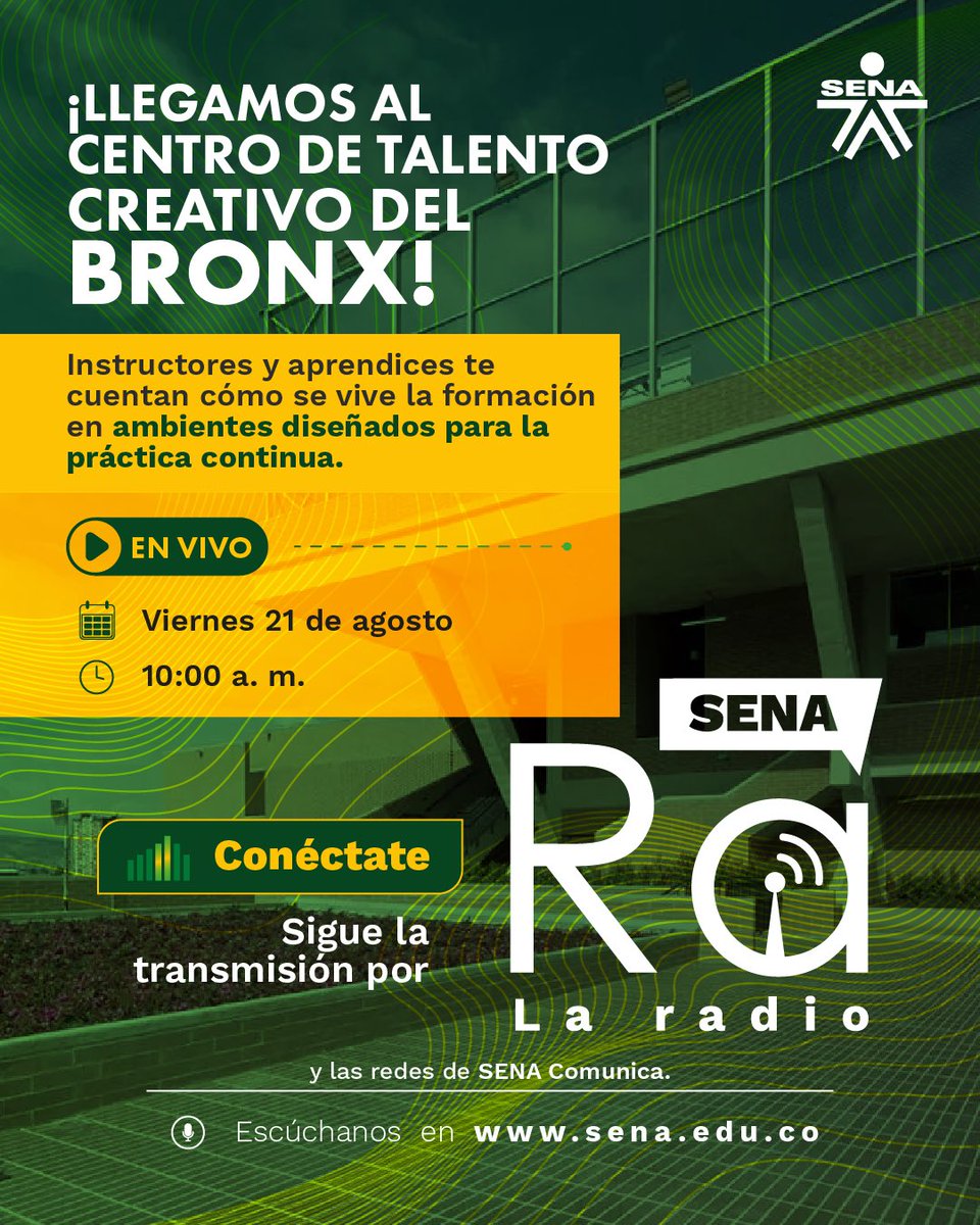 SENAComunica's tweet photo. En Zona Cultural de #SENARA La Radio 📻, hacemos un recorrido por los centros y ambientes de formación del SENA: desde espacios para la danza y el teatro, hasta estudios de música y talleres de marroquinería.
Conéctate hoy a las 10:00 a. m. 🕙
👉 https://t.co/83JfCLGPjH
👉 https://t.co/83JfCLGPjH