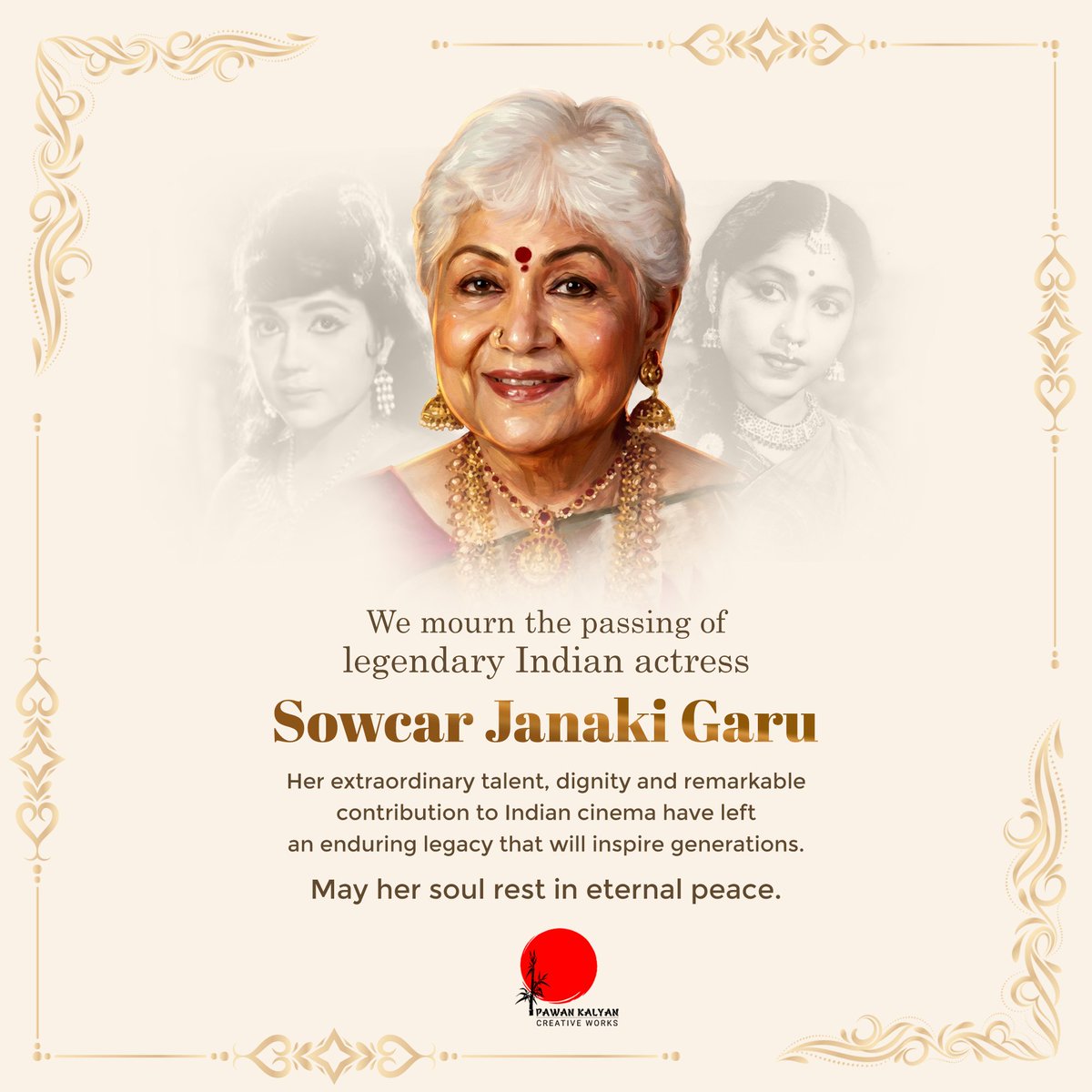 PKCWoffl's tweet photo. The passing of Padma Shri Sowcar Janaki Garu is a great loss to Indian cinema.

For over seven decades, she dedicated herself to the art of acting, bringing countless memorable characters to life across Telugu, Tamil, Kannada, Malayalam and Hindi cinema. Her exceptional talent, discipline and dignity earned her the love and respect of generations of audiences.

Her immense contribution to Indian cinema and her enduring body of work will remain a lasting legacy for generations to come.

We pay our heartfelt respects to the departed soul. May her soul attain eternal peace.

#SowcarJanaki