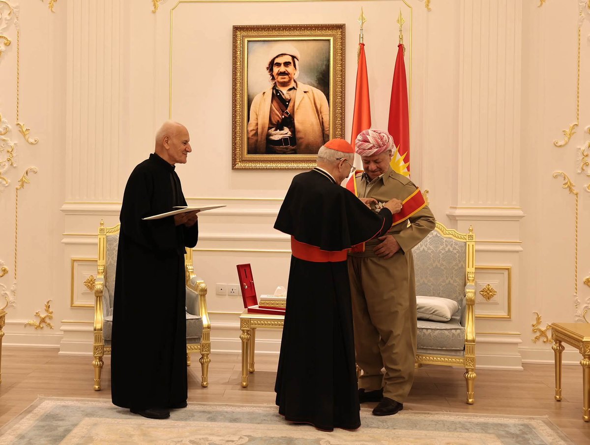 forces_command's tweet photo. The Highest Vatican Honor Bestowed Upon President #Barzani.

​The presentation of the Vatican Pope’s prestigious award to His Excellency the President and the #Kurdistan #Peshmerga signifies that President Barzani has consistently served as an inclusive shield, protecting all religious communities without discrimination. We extend our warmest congratulations to His Excellency President @masoud_barzani on receiving this gift from His Beatitude Dr. Louis Raphaël I Sako, Patriarch Emeritus of the Chaldean Catholic Church and Cardinal of the Catholic Church, on behalf of the Pope of the #Vatican.
​Under His Excellency’s wise leadership, Kurdistan will permanently remain a sanctuary for peaceful coexistence across all religious, sectarian, national, and political backgrounds. The people of Kurdistan take immense pride in maintaining a rich culture of coexistence, harmony, and peace.

#1st_support_forces_command
21 August 2026