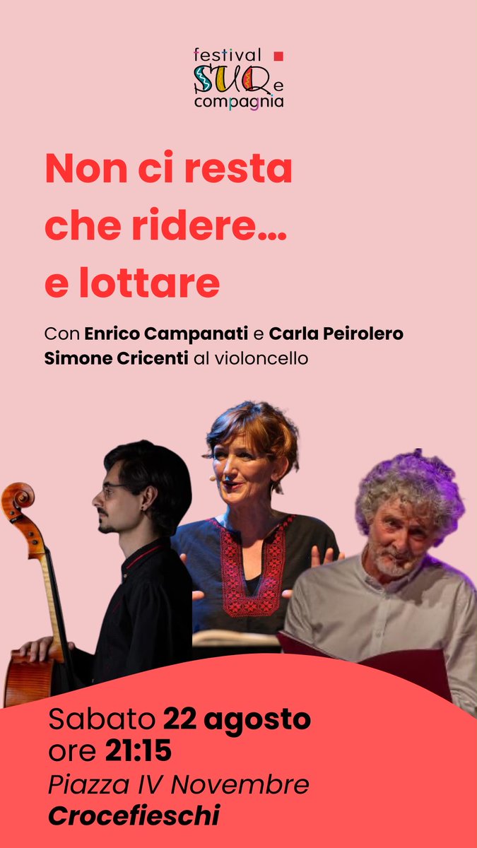 suqgenova's tweet photo. Domani, sabato 22 agosto il nostro omaggio alle donne con il reading in musica “Non ci resta che ridere … e lottare”. Vi aspettiamo 👫🎭🎵
https://t.co/ng342t4ShK https://t.co/WGIsBdrVkJ