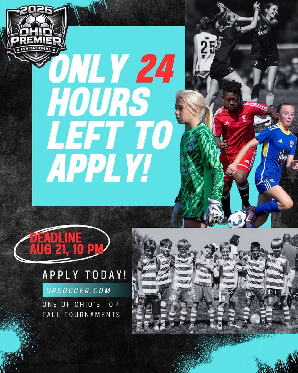 OPtournaments's tweet photo. You have until TOMORROW (Friday Aug 21) at 10 PM to secure your spot at the Ohio Premier Invitational! ⚽️🔥

300+ teams. 8+ states. Multiple levels of play. One BIG weekend. 👀

Don’t wait. Get your team in today! Register using the link below: 🔗 

https://t.co/hAIR6gCByX https://t.co/6MdIqDP6lA