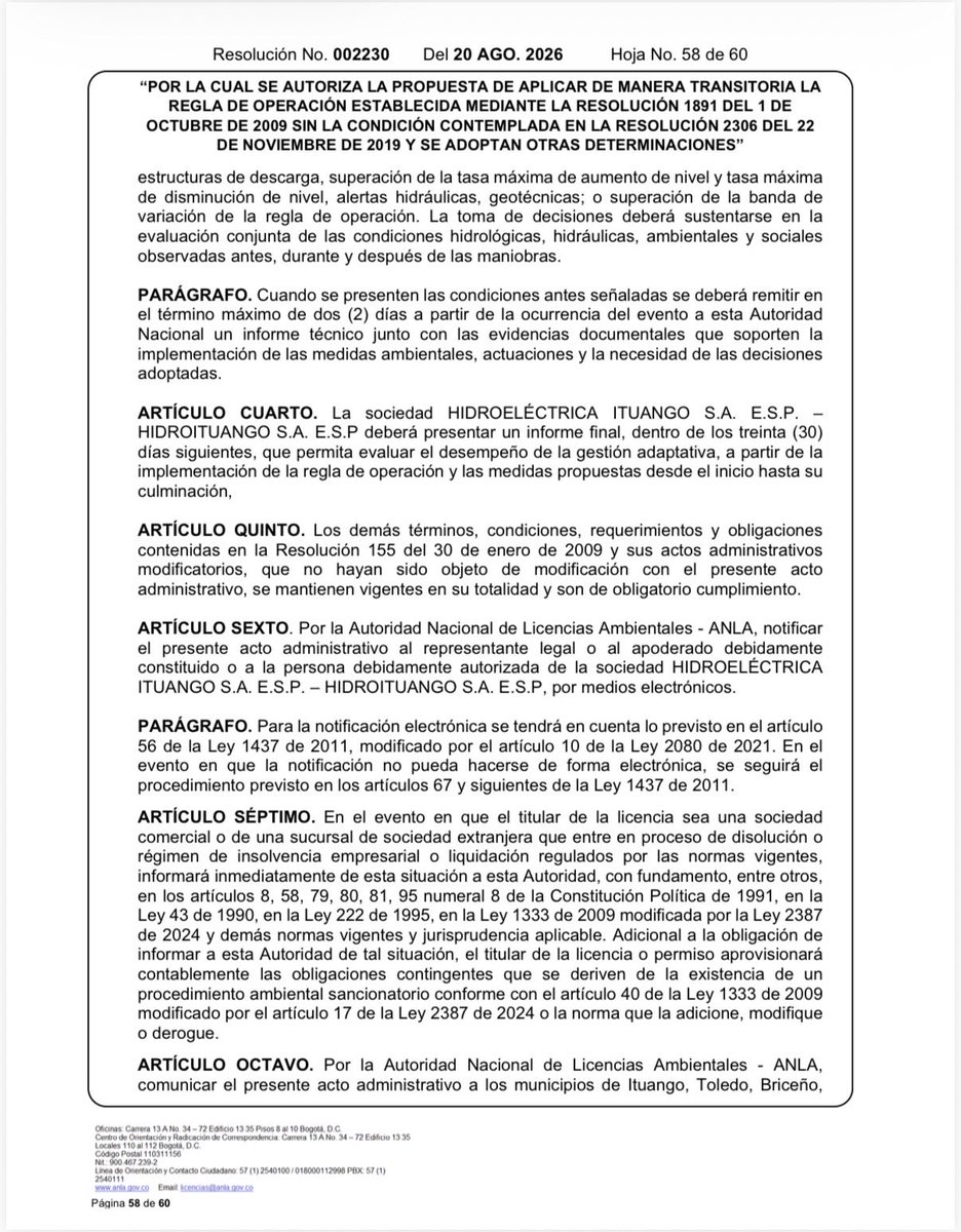 fabio_arjona's tweet photo. En la #PatriaMilagro estamos tomando medidas para preparar al país frente a los efectos del Fenómeno de El Niño y proteger nuestra seguridad hídrica y energética.
Después de una evaluación técnica y de diferentes estudios sobre el comportamiento del agua, @ANLA_Col autorizó temporalmente a Hidroituango a subir el nivel de su embalse de la cota 408 a la 420, de acuerdo con las condiciones originales de su licencia ambiental.
Así podremos almacenar agua ahora, antes de que lleguen los meses más críticos de El Niño, y utilizar esa reserva cuando los caudales del río disminuyan.
El @IDEAMColombia ha advertido una alta probabilidad de que El Niño se fortalezca durante 2026-2027. Por eso, debemos anticiparnos y tomar decisiones antes de que el déficit de agua se convierta en un problema mayor para los colombianos.
Hidroituango es una infraestructura estratégica para Colombia, por eso las decisiones sobre su operación deben tomarse con evidencia científica, responsabilidad y pensando en el interés del país, no desde posiciones ideológicas.
Esta es una medida temporal y estará bajo monitoreo permanente. Si se presentan afectaciones en las captaciones, la calidad del agua, los ecosistemas o las comunidades, o aparecen alertas hidráulicas o geotécnicas, la operación tendrá que ajustarse o suspenderse.
Con la #AgendaABC nos estamos preparando hoy como la mejor manera de proteger el agua y la energía que Colombia necesitará mañana.

@sergiopineros 
@ABDELAESPRIELLA 
@jrestrp