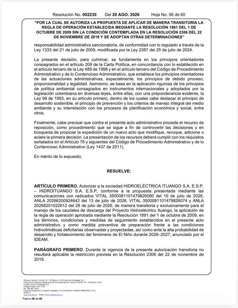 fabio_arjona's tweet photo. En la #PatriaMilagro estamos tomando medidas para preparar al país frente a los efectos del Fenómeno de El Niño y proteger nuestra seguridad hídrica y energética.
Después de una evaluación técnica y de diferentes estudios sobre el comportamiento del agua, @ANLA_Col autorizó temporalmente a Hidroituango a subir el nivel de su embalse de la cota 408 a la 420, de acuerdo con las condiciones originales de su licencia ambiental.
Así podremos almacenar agua ahora, antes de que lleguen los meses más críticos de El Niño, y utilizar esa reserva cuando los caudales del río disminuyan.
El @IDEAMColombia ha advertido una alta probabilidad de que El Niño se fortalezca durante 2026-2027. Por eso, debemos anticiparnos y tomar decisiones antes de que el déficit de agua se convierta en un problema mayor para los colombianos.
Hidroituango es una infraestructura estratégica para Colombia, por eso las decisiones sobre su operación deben tomarse con evidencia científica, responsabilidad y pensando en el interés del país, no desde posiciones ideológicas.
Esta es una medida temporal y estará bajo monitoreo permanente. Si se presentan afectaciones en las captaciones, la calidad del agua, los ecosistemas o las comunidades, o aparecen alertas hidráulicas o geotécnicas, la operación tendrá que ajustarse o suspenderse.
Con la #AgendaABC nos estamos preparando hoy como la mejor manera de proteger el agua y la energía que Colombia necesitará mañana.

@sergiopineros 
@ABDELAESPRIELLA 
@jrestrp