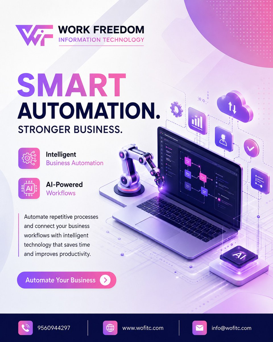 workfreedomit's tweet photo. SMART AUTOMATION. STRONGER BUSINESS. 🤖⚡

Automate repetitive processes, connect intelligent workflows, save time, and boost productivity with AI-powered business automation.

🚀 Work smarter. Grow faster.

📞 9560944297

#AI #Automation #BusinessGrowth #Innovation https://t.co/9UuTp9SVTT