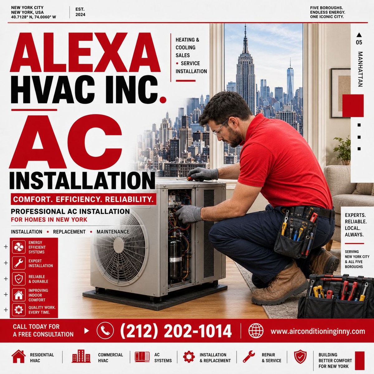 AlexaHvac's tweet photo. Professional HVAC installation in New York City—keeping homes comfortable, efficient, and reliable year-round. ❄️🔥 From AC installation and replacement to maintenance and repairs, expert service across all five boroughs.

📞 (212) 202-1014
🌐 https://t.co/WpSs1AvH8s
#HVACRepair https://t.co/4yPm5uxtDz
