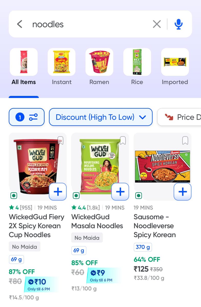 dealztrendz's tweet photo. Swiggy Instamart Loot : 

Search : Noodles

Apply filter discount high to low https://t.co/oqOXhAt0D7