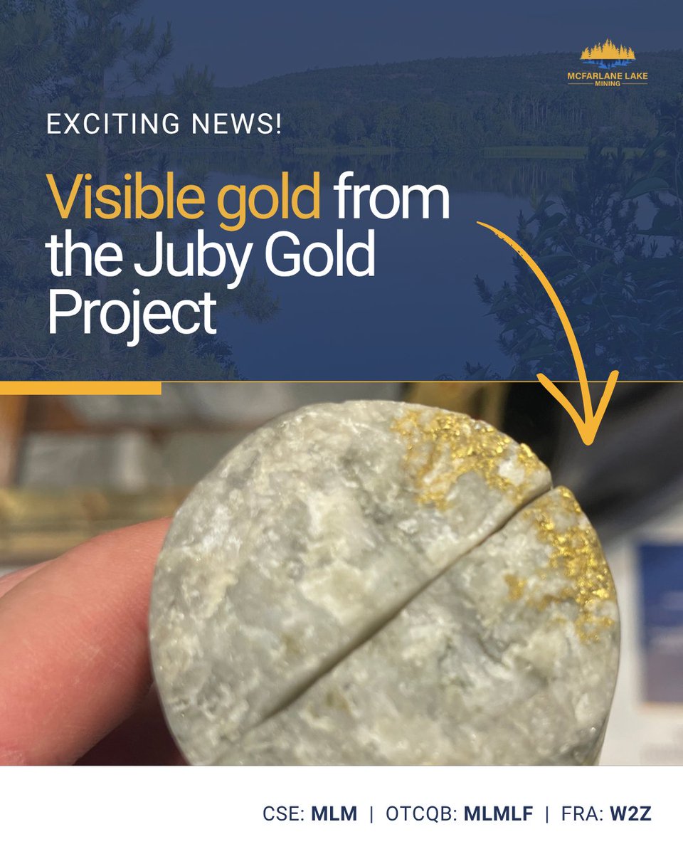 McFarLakeMining's tweet photo. Visible gold at Juby.

This core photo is a close-up reminder of the mineralization being defined across McFarlane’s flagship gold project in Ontario’s Abitibi Belt.

Juby’s latest NI 43-101 MRE: 5.06 Moz Inferred + 1.14 Moz Indicated. Drilling continues.

#MLM #JubyGoldProject https://t.co/TsN98l7SQn