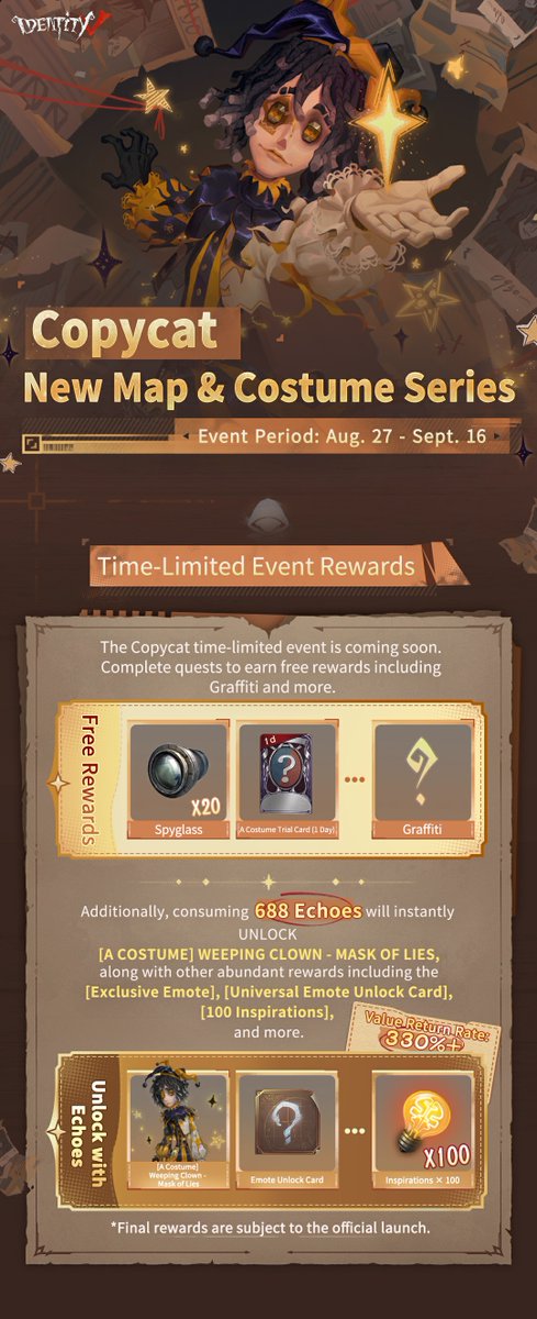 GameIdentityV's tweet photo. Dear Visitors,
The mists of the Manor gather once more, signaling a grand spectacle of truth, lies, and performance!

The highly anticipated Copycat time-limited event officially launches after maintenance on August 27th. Time to prepare for the chilling debut of the New Map & Costume Series!

#IdentityV
