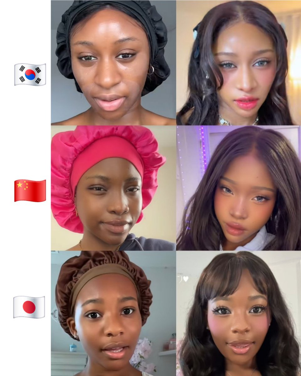 parksundal0528's tweet photo. 한중일 메이크업을한 흑인 여성들

🇰🇷 케이팝 아이돌 메이크업
🇨🇳 도우인 메이크업
🇯🇵 시로갸루 메이크업

여러분들의 취향은? https://t.co/bbIQ3IiXIh