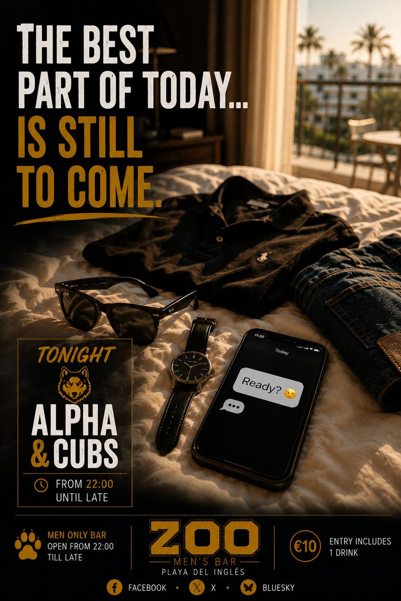 zoomensbarGC's tweet photo. ☀️ The best part of today… is still to come.

Enjoy the sunshine.

We'll see you tonight.

🐺 Alpha &amp; Cubs
🕙 From 22:00

📍 Zoo Men's Bar
Playa del Inglés

#GranCanaria #SummerNights #AlphaAndCubs #ZooMensBar https://t.co/i7GdVfTkfL