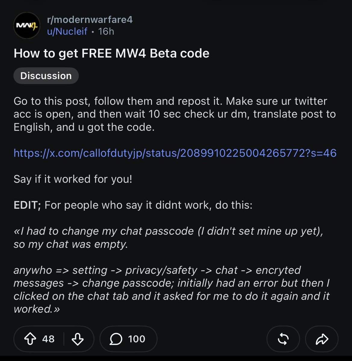 BKTOOR_'s tweet photo. 🔔 تبي كود بيتا MW4 مجانًا؟

بحسب تجارب عدد من اللاعبين، تقدر تحصل على كود البيتا من حساب Call of Duty Japan على X:

1️⃣ تابع الحساب
2️⃣ أعد نشر التغريدة الخاصة بالبيتا
3️⃣ تأكد أن حسابك والرسائل الخاصة مفتوحة
4️⃣ انتظر قليلًا وشيّك الـDM 👀

بعض اللاعبين ذكروا أن الكود وصلهم مباشرة بعد تنفيذ الخطوات 

⚠️ العرض قد يكون محدودًا أو يتوقف في أي وقت