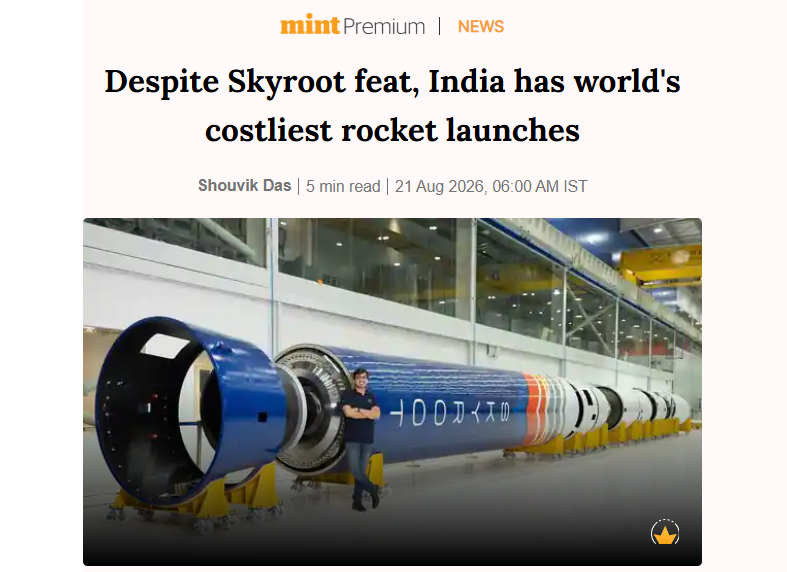 Normal_2610's tweet photo. India is most expensive country to launch satellites, at $13,302 per kg

USA is cheapest at $3,225 per kg thanks to SpaceX Falcon 9. India costs 4x more. Study published in Economics Letters by Cambridge and Turin researchers compared 6 countries with launch capability. 

ISRO rockets are not reusable. SpaceX reuses its rocket boosters 25+ times. That is why costs differ so much. India is building NGLV Project Soorya, its first partially reusable rocket, targeting $1,900 per kg. 

But it will not fly for several years

Skyroot Aerospace became first Indian private company to reach orbit on July 18, 2026. Its Vikram-1 rocket carried 350 kg into 450 km low Earth orbit. Impressive milestone. 

But each Vikram-1 launch will cost about $4M, which works out to $11,000 per kg. SpaceX Falcon 9 charges $3,225 per kg and carries 22,800 kg per launch. Skyroot plans commercial operations from 2027 with monthly launches. 

India now has private and government rockets. Neither matches SpaceX on cost per kg yet. Closing that gap requires reusability and it will be really hard to achieve by the way 

India wants to earn $3.5B per year from launching foreign satellites by 2033. Right now, India is most expensive launch market among 6 space-capable nations at $13,302 per kg. 

SpaceX charges $3,225 - Gap is 4x. ISRO launched roughly 60 missions over 30 years. SpaceX launched 165 in 2025 alone. 

Volume brings cost down. Low cost brings more customers. More customers fund more launches. India has not entered this cycle yet. NGLV with reusable stages could change this but remains in development.

lets hope >>>