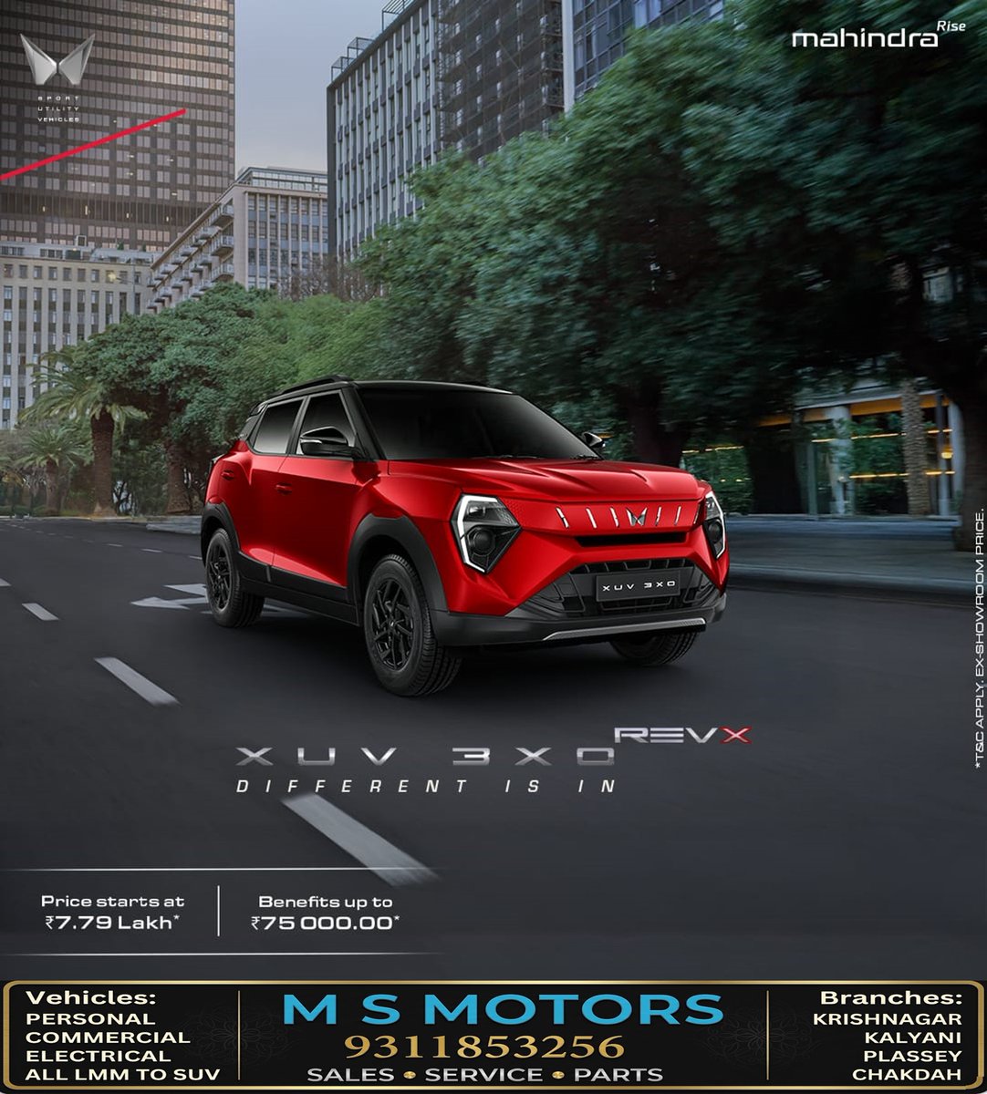 MahindraMSMoto1's tweet photo. Unbeatably stylish, seriously spacious, and built for ultimate safety!
Experience the power of the Mahindra XUV 3XO & REVx edition at M S Motors.
Price starts at ₹7.79 Lakh*
Exclusive benefits up to ₹75,000*
Book your test drive today!
#MahindraXUV3XO #XUV3XO #REVx https://t.co/BMPUCCcdPe