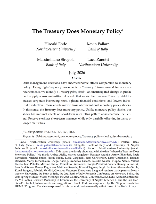 int_mon_econ's tweet photo. Food for thought!

"The Treasury Does Monetary Policy" by Hiroaki Endo, Kevin Pallara, Massimiliano Sfregola, and Luca Zanotti.

"Debt management decisions have macroeconomic effects comparable to monetary policy. Using high-frequency movements in Treasury futures around issuance announcements, we identify a Treasury policy shock—an unanticipated change in public debt supply across maturities. A shock that raises the five-year Treasury yield increases corporate borrowing rates, tightens financial conditions, and lowers industrial production. These effects mirror those of conventional monetary policy shocks. In this sense, the Treasury does monetary policy. Unlike monetary policy shocks, our shock has minimal effects on short-term rates. This pattern arises because the Federal Reserve sterilizes short-term issuance, while only partially offsetting issuance at longer maturities."

https://t.co/lvj2tOctUD