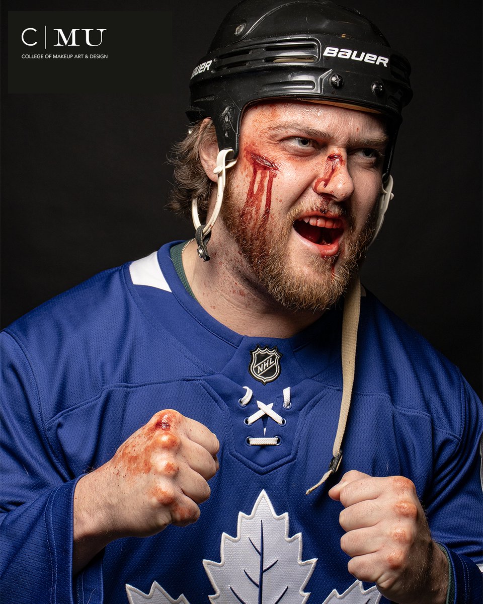 nathan26danorte's tweet photo. A gritty hockey player transformation with realistic cuts, bruises, and blood effects that capture the aftermath of a brutal game. Film makeup by CMU student Lauren Lobb. https://t.co/WA5yHqlj2x