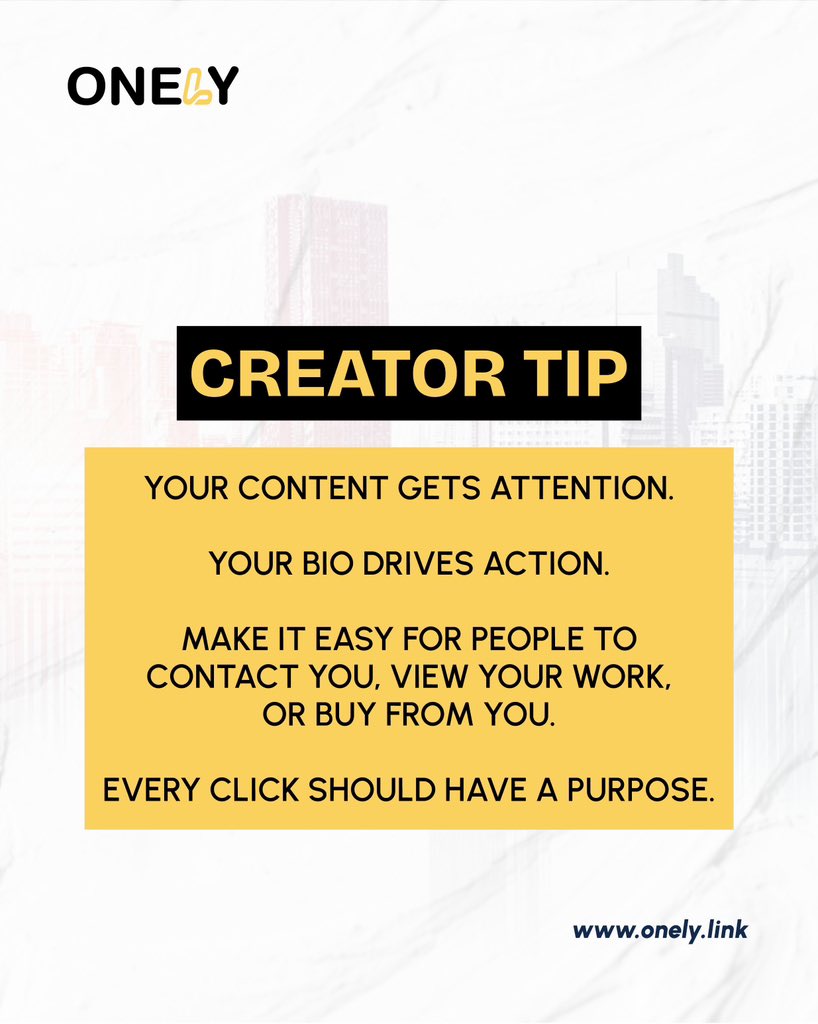 onelylink's tweet photo. Creators, don’t overlook your bio.
The right content gets people to your profile. The right bio gets them to take action.
Make every click count.

#creatortips #onelylink #AllInOneLink #linkinbio https://t.co/16T3HXO8NR