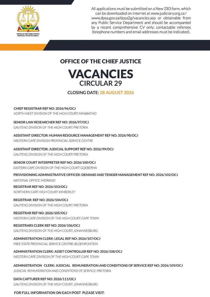CarolBoitumelo1's tweet photo. Office of the Chief Justice: 

📌 Senior Court Interpreter
📌 Provisioning Administrative Officer: Demand and Tender Management
📌 Registrar
📌 Registrars Clerk
📌 Administration Clerk: Legal
📌 Administration Clerk: Asset Controller
📌 Administration Clerk: Judicial Remuneration and Conditions of Service
📌 Data Capturer

🚨The closing date for applications is 28 August 2026.

Apply Now: https://t.co/geWI0udF5f…