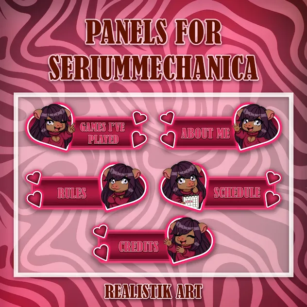 SofialiamXO's tweet photo. Custom Twitch Panels for SeriumMechanica! 💗🎀 Bold, stylish, and made to match the stream’s vibe perfectly! 💫 Go checkout freya's stream👇 https://t.co/QOZo4x2wTI @realistikart  #TwitchArt #TwitchPanels #TwitchStreamer #StreamGraphics #TwitchArtist #EmoteArtist #CommissionOpen https://t.co/YKrO37Gp7n