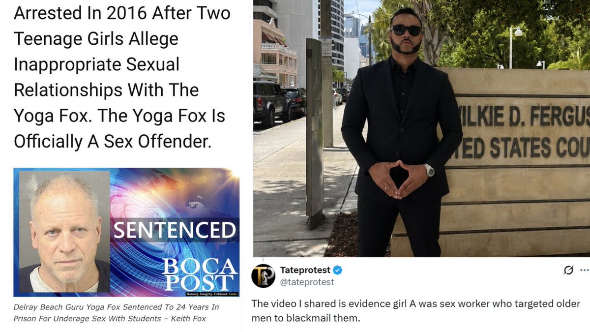 Gadget440's tweet photo. 🚨🚨 The founder of "Tate protest," Wil Pujols, has confirmed that he supports a 56-year-old pedophile who was convicted of molesting a 15-year-old girl. 

Wil says the child was targeting older men, even though it is clear he was aware that she was a minor (although it is the adult's responsibility legally). 

Keith Fox is serving a 24-year prison sentence for this. 

Be wary of those still defending Tate - many support the alleged acts he is charged with, as opposed to thinking he is innocent.