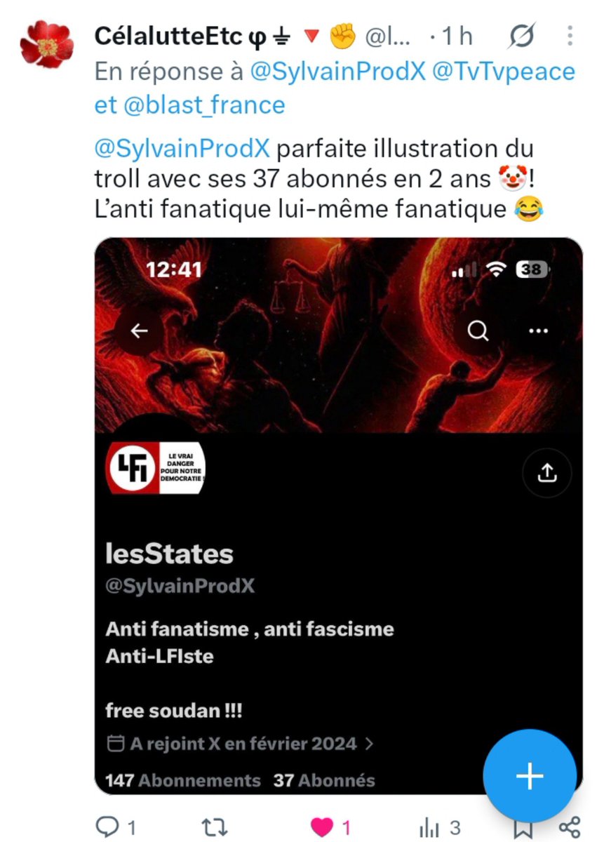 SylvainProdX's tweet photo. Exemple de l'argumentation LFIste.
Question : es ce qu'elle connait la définition du mots fanatisme !? 

En tout cas le focus et l'argumentation en dit long

Merci pour cette grande réflexion qui va éclairé notre réflexion jusqu'à la remise en question 🤣🤣🤣
@lafrelon https://t.co/GUGEmWFhRm