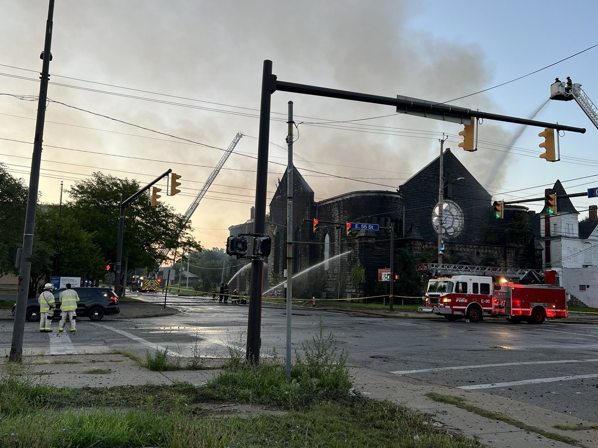 ClevelandFire's tweet photo. Crews remain on scene at early morning 2 Alarm Church Fire hitting hot spots. E.55/Central remains CLOSED. Motorists should avoid the area. No injuries reported. $500K loss estimated. Cause of fire under investigation. 14 companies and 60 firefighters responded to this incident. https://t.co/gGPocpeztr