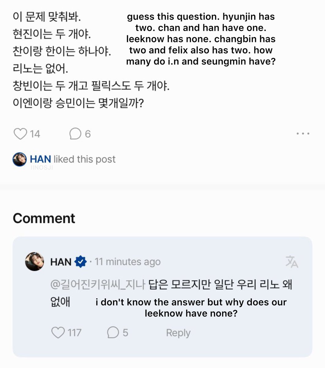 Iinosji's tweet photo. #mmotd (minsung moment of the day)
jisung being outraged at a riddle just because it said “leeknow has none” (whatever it was) and replying “i don't know the answer but why does our leeknow have none?” .. he is the #1 minhoring defender fr😭 https://t.co/ALRX3WcuYs