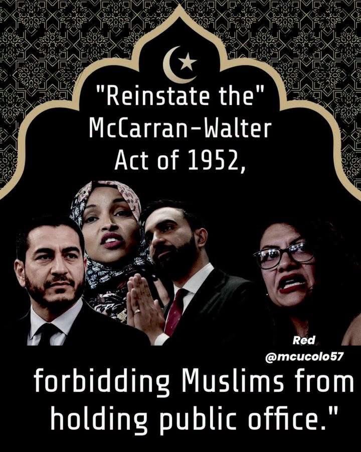 MAGA__Patriot's tweet photo. WHY MUSLIMS CAN NOW RUN FOR OFFICE On November 18, 1990 the 101st Congress

QUIETLY repealed the Mc Carran Warner Act of 1952 forbidding "muslims" from holding office: members of that congress were Dick Cheney, John McCain, Joe Biden, Al Gore, John Kerry, Mitch McConnel, Chuck Schumer and Nancy Pelosi...

LET THIS SINK IN

The McCarran-Walter Act of 1952, officially known as the Immigration and Nationality Act of 1952, reformed U.S. immigration laws and established a quota system while reflecting Cold War-era concerns about national security.