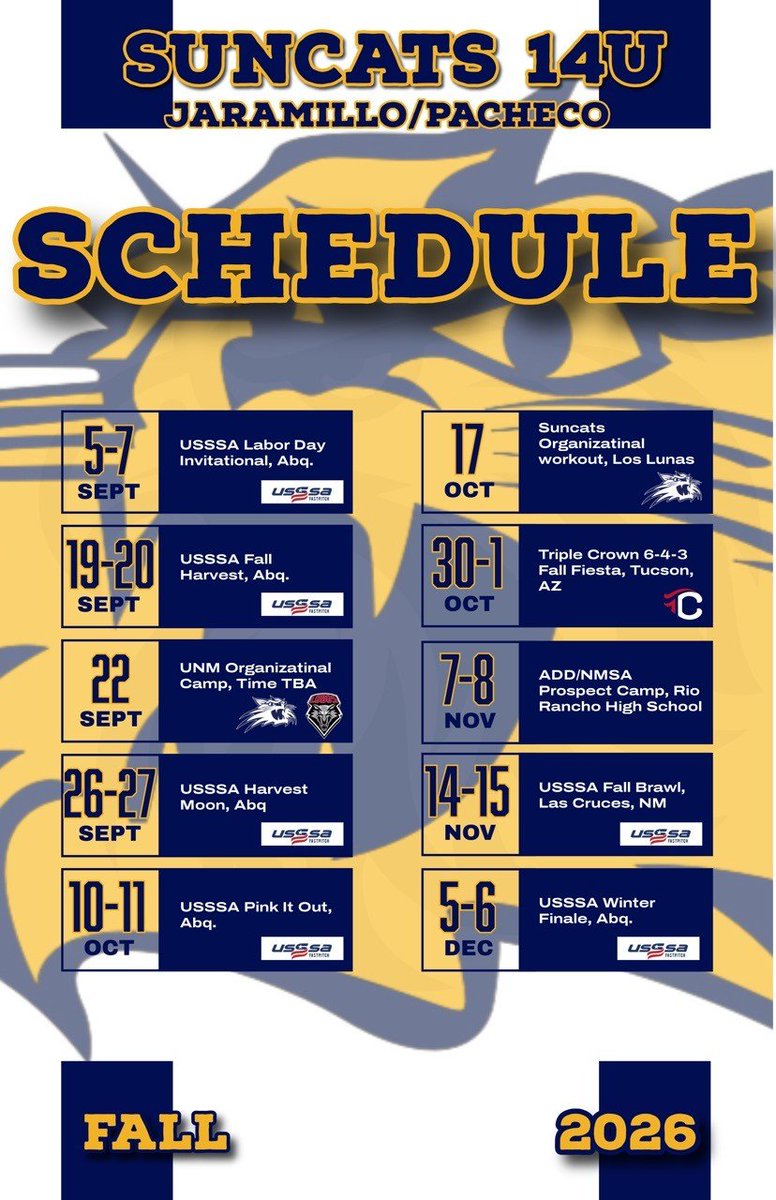 EvaClement2031's tweet photo. It's that time again! Fall schedule for 2026. 
Eva Clement 2031
RHP/UT
@EvaClement2031 @athletesCSA
@collegiste_sports_advocate @nm18usuncats
#WhateverItTakes #TrustTheProcess
#NMSuncats  #collegiate_sports_advocate https://t.co/rWcCpeP7zZ