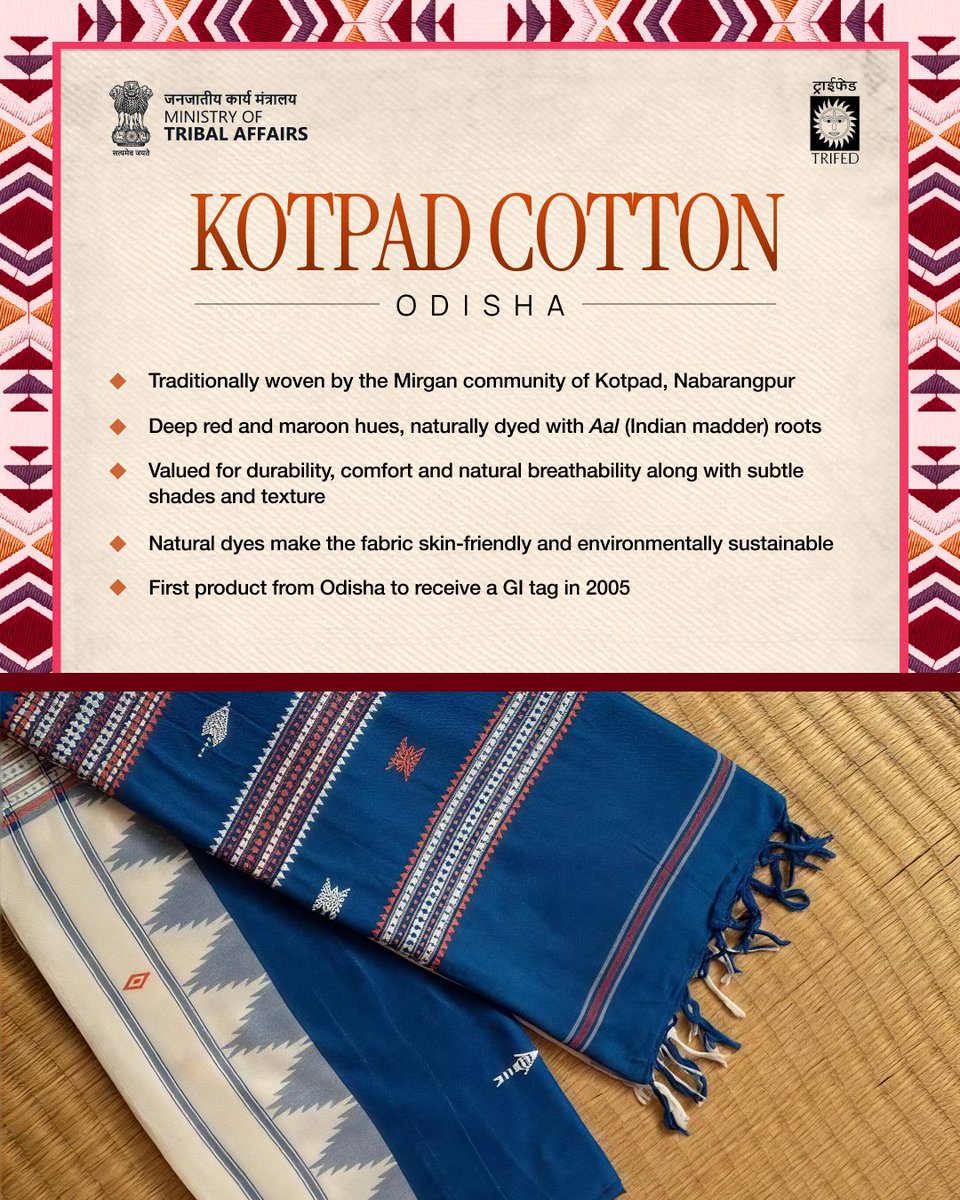 TribalAffairsIn's tweet photo. India’s textile heritage is as diverse as its communities and landscapes. From the golden sheen of Muga Silk and the sustainable craft of Eri Silk to the fine fibres of Changpa Pashmina and the earthy hues of Kotpad Cotton, every weave carries a story of knowledge, identity and craftsmanship.

Discover the traditions behind these distinctive textiles and the communities that keep them alive.

Celebrate the weave. Preserve the heritage.

[ Indian Handlooms, Tribal Heritage, Tribal Weaves, Textile Heritage ]

@tribesindia

#TribalWeaves #TribalTextiles #IndianTextiles #TextileHeritage #indianhandlooms