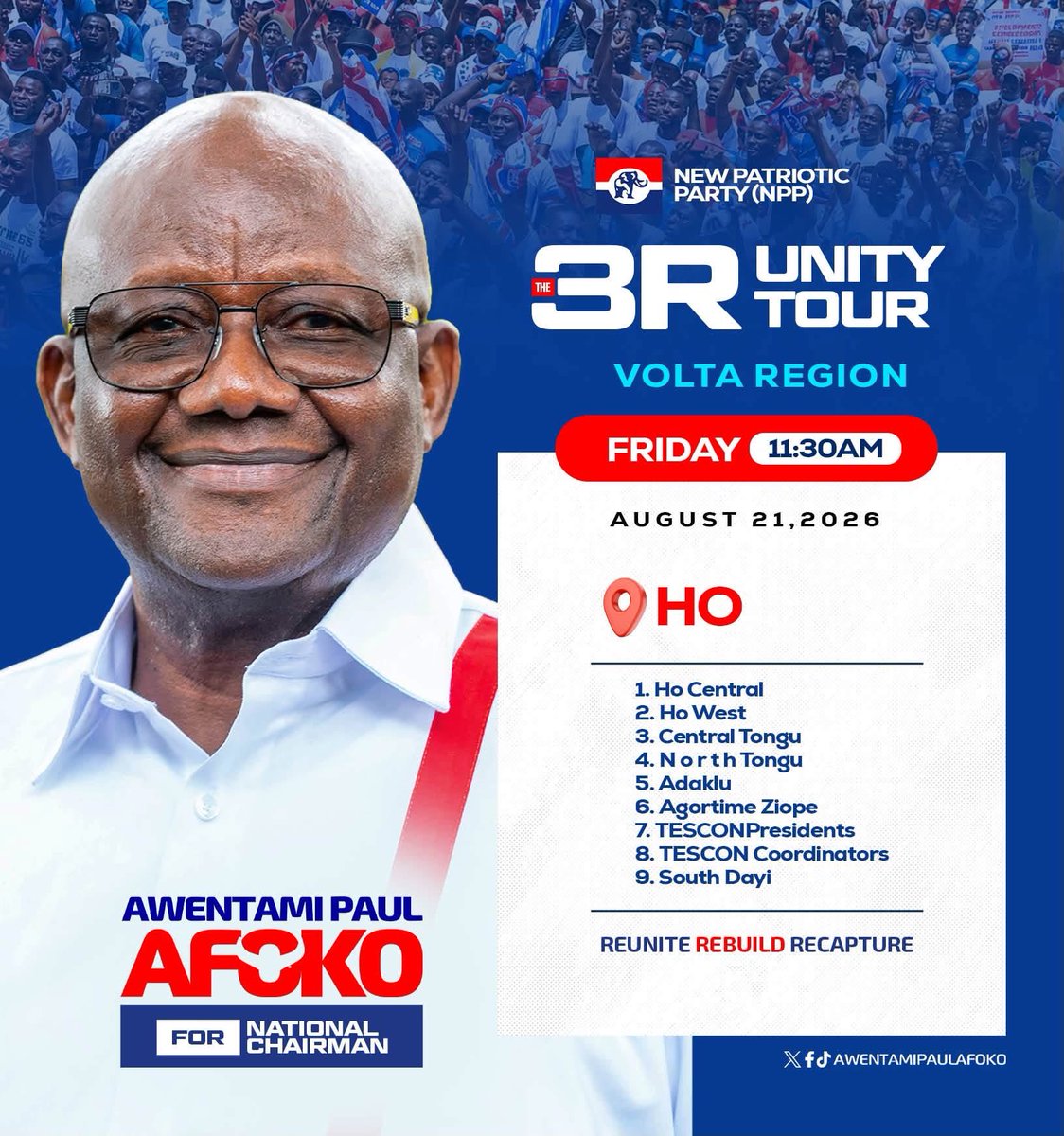 MrPaulAfoko's tweet photo. THE JOURNEY TO REUNITE OUR PARTY CONTINUES

Meet me in the Volta Region today as I engage delegates, listen to the grassroots, and share my vision for building a united NPP.

#3RAgenda 
#Afoko4NationalChairman 
#ReuniteRebuildRecapture https://t.co/IQ6PCdqenb