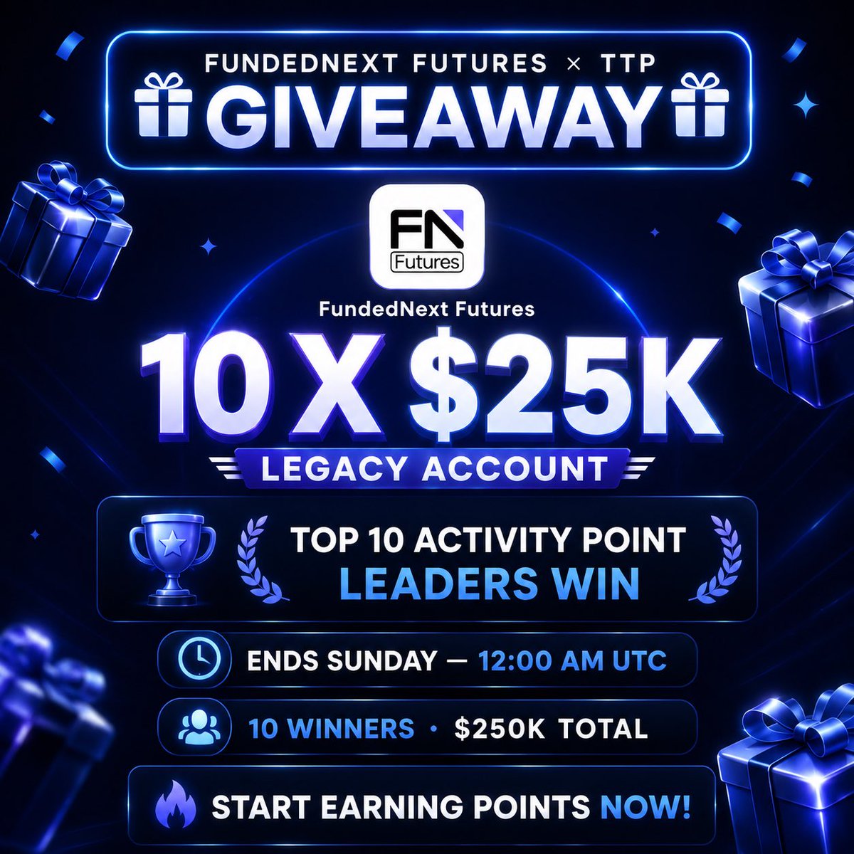 TheTrustedProp's tweet photo. 🎁 FUNDEDNEXT FUTURES × THETRUSTEDPROP GIVEAWAY! 🎁

✅ Giveaway Tasks:

1️⃣ Follow @fnfutures  & @TheTrustedProp on X

2️⃣ Visit TTP & Like the FundedNext Futures firm profile 👍

3️⃣ Stay active on TTP and earn Activity Points! 🔥

Be active across:

🌐 TTP Social Feed:
https://t.co/R6DFS7bUjC

💬 Trading Lounge:
https://t.co/8vcG8xz0mw

🔥 TTP Forum:
https://t.co/Z0mkWLLjpn

Post, comment, interact with the community, and stay active to collect as many Activity Points as possible.

🏆 HOW TO WIN:

Complete ALL the tasks above and keep earning points.

At the end of the giveaway, the TOP 10 participants with the highest Activity Points will each win a:

🎁 $25K FundedNext Futures Legacy Account

⏰ Giveaway Ends: Sunday at 12:00 AM UTC

🔥 10 Winners. $250K in total accounts.

Start collecting your points NOW! 🚀