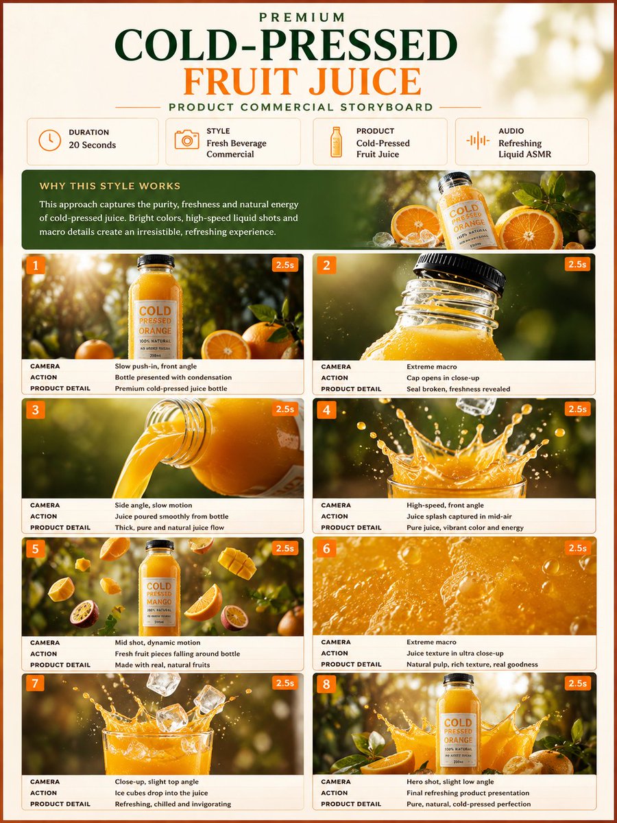 Strength04_X's tweet photo. GPT image 2 × Gemini Omni flash 

Prompt - TITLE:
Premium Cold-Pressed Fruit Juice Product Commercial Storyboard

FORMAT:
• Single-page premium storyboard
• 3:4 Portrait ratio
• Fresh beverage product campaign
• 8 cinematic storyboard scenes
• Product remains the main hero

HEADER:
• Modern premium typography
• Information cards:
  - Duration: 20 Seconds
  - Style: Fresh Beverage Commercial
  - Product: Cold-Pressed Fruit Juice
  - Audio: Refreshing Liquid ASMR
• Why This Style Works section
• Orange, green and cream aesthetic

STORYBOARD:
1. Juice bottle covered with condensation
2. Bottle cap opening in macro close-up
3. Fresh orange juice pouring from the bottle
4. Juice splash frozen in mid-air
5. Fresh fruit pieces falling around the bottle
6. Extreme macro showing natural juice texture
7. Ice cubes dropping into a glass of juice
8. Final hero bottle with refreshing splash and fruit

EVERY PANEL:
• Scene number
• Duration badge
• Camera direction
• Visual
• Action
• Product detail

CAMERA:
High-speed liquid photography, macro close-ups, slow-motion splash, condensation detail, dramatic backlight, cinematic hero shot.

STYLE:
Ultra-realistic beverage commercial, realistic liquid physics, condensation droplets, fresh fruit textures, vibrant natural lighting, premium packaging, 8K.