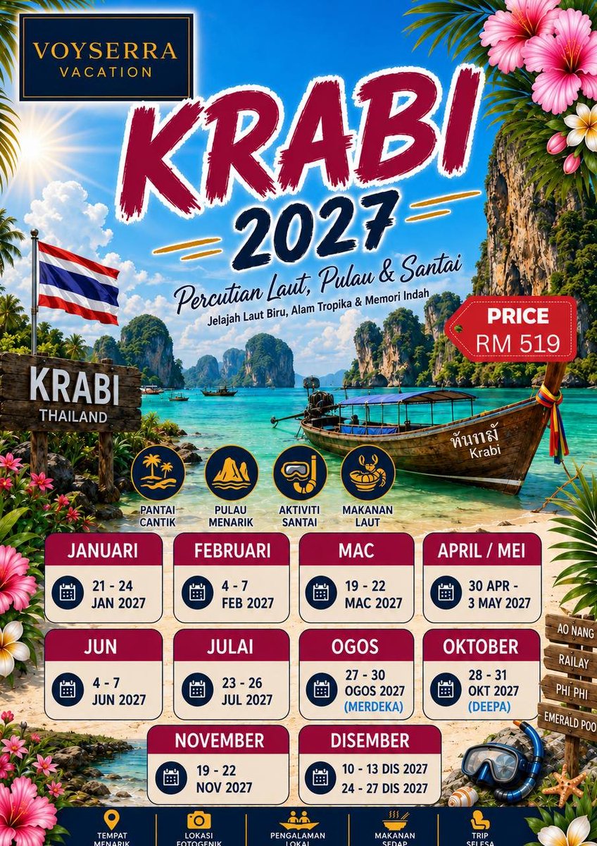 bellabigworld's tweet photo. JADUAL TRIP KRABI TAHUN 2027 DAH KELUAR ⚠️

Siapa yang ada plan untuk bercuti ke Krabi tahun depan boleh lah booking seat sekarang sebelum penuh, terutamanya untuk tarikh-tarikh yang hot seperti musim cuti sekolah 😊

RM 419/pax untuk 4H2M

Jom!
➡️ https://t.co/fSINZ3LN8o https://t.co/kQHCKWEyxu