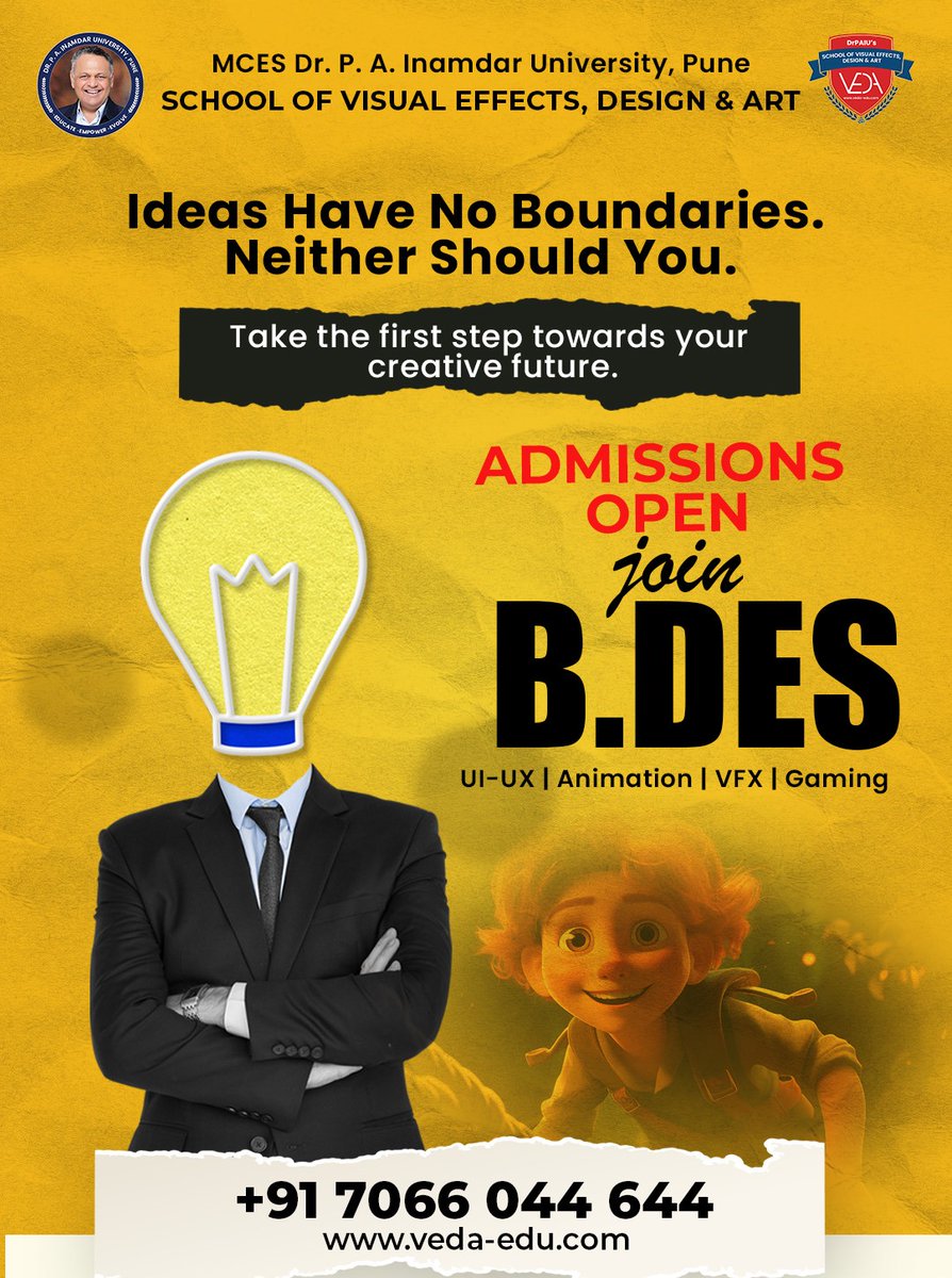 VEDA_PUNE's tweet photo. Bachelor of Design (B. Des) in Visual Art DES. Admissions Open...!
Limited Seats…Hurry Up...!
Duration: 4-Year Degree Programme
Eligibility: 12th Pass – Any Stream
Learning: UI/UX | Animation | VFX | Gaming
Call: 70660 44644 / 85509 66911
#BDes #drpaiu #VEDACollege #azamcampus https://t.co/4tSQL24ziX