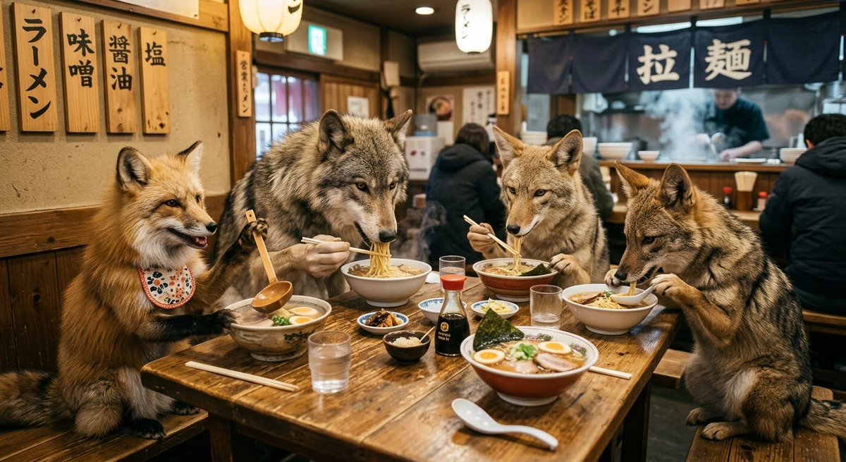 magnoliaobvata1's tweet photo. キタキツネさん、ごちそうさま!🍜🐺
#Gemini_AI https://t.co/XvKQO8lkRb