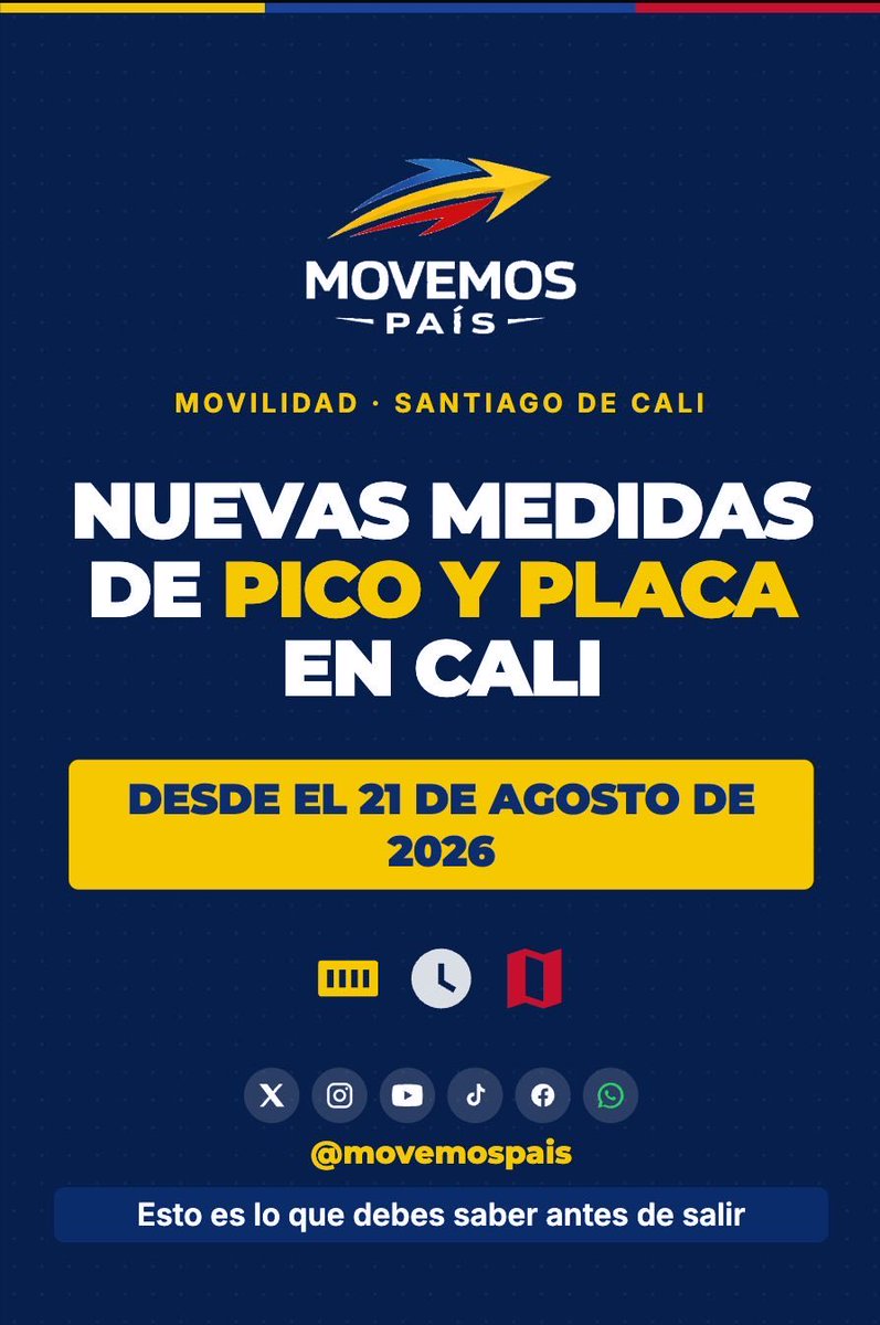 movemospais's tweet photo. @AlcaldiaDeCali Cambió el pico y placa en Cali desde agosto 21 de 2026. 

La explicación en el siguiente video: 

 🎥 https://t.co/B0QwPcyR9H https://t.co/nphTdhJden