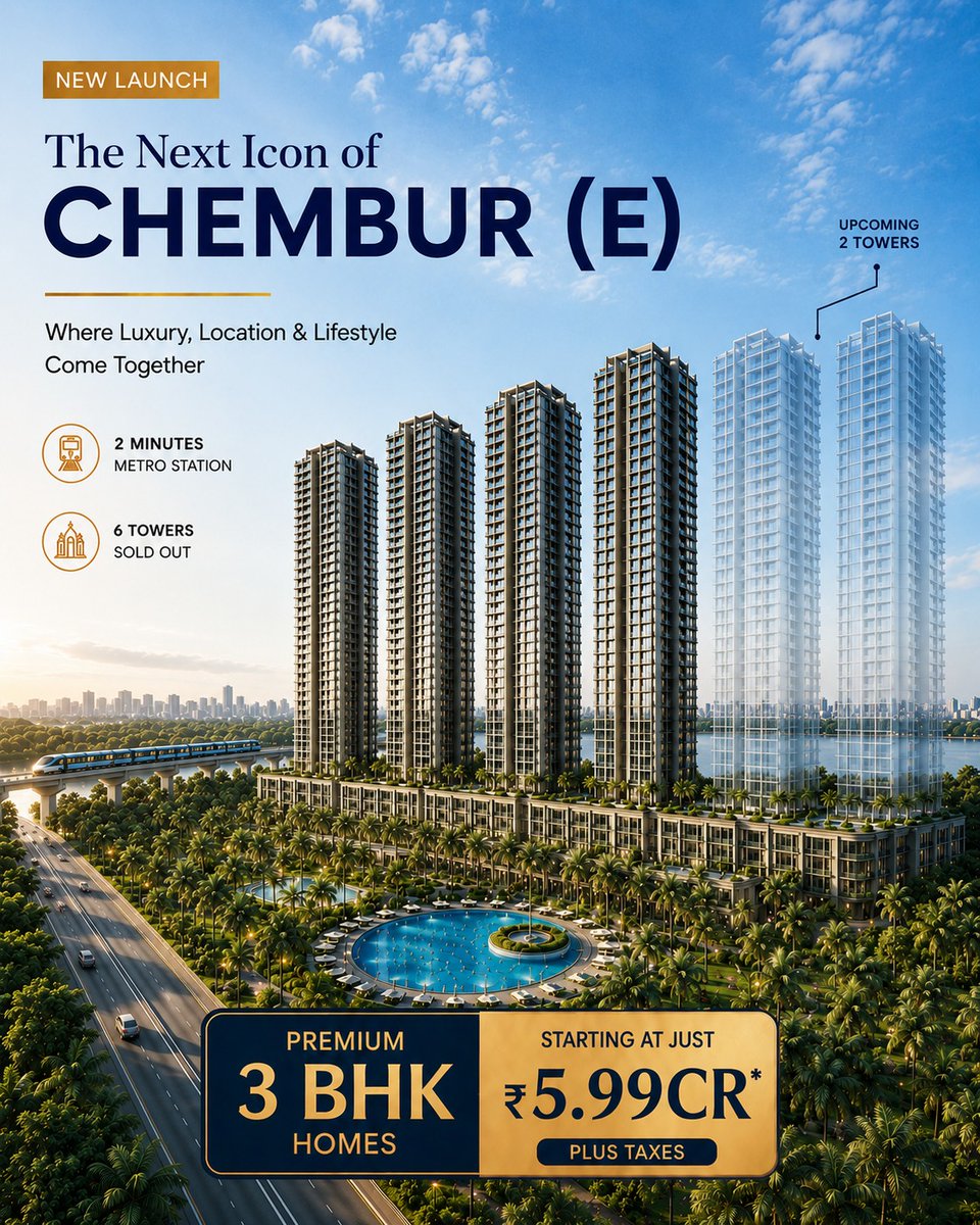 PropEarth_LLP's tweet photo. ✨ The Next Icon of Chembur (E) — Premium 3 BHK homes starting at ₹5.99 Cr* 🏙️
📍 2 mins from Metro | Luxury residences, prime connectivity &amp; elevated lifestyle in Chembur. 🔑
.
.
.
#RealEstateIndia #NewLaunch #LuxuryHomes #MumbaiProperty #HomeInvestment #Realtor #Realty https://t.co/HCaEGzmLdx