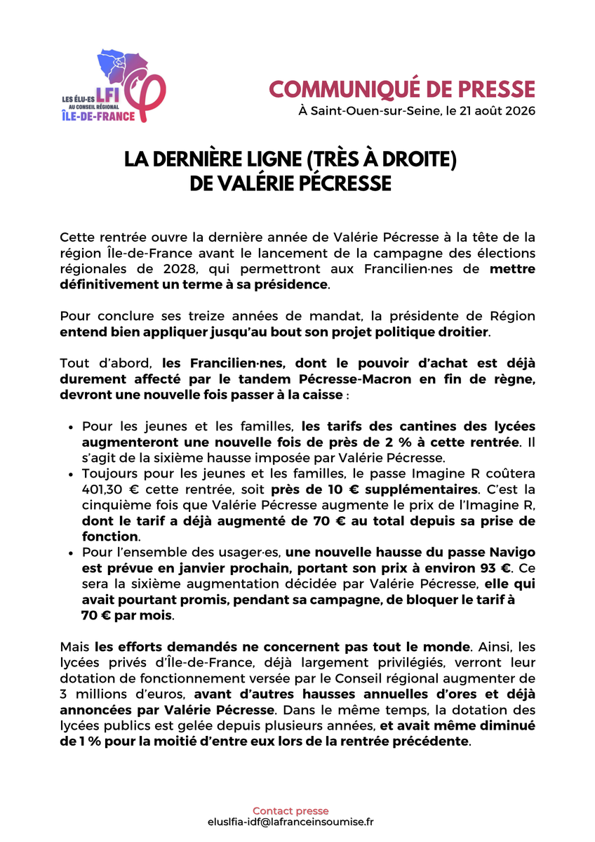 groupelfi_a's tweet photo. 🎒 C'est la rentrée au Conseil régional d'Île-de-France de @vpecresse qui prévoit de faire payer les Francilien·nes jusqu'au bout pour cette dernière année de mandat.

En 2027, Macron prend la porte.
En 2028, Valérie Pécresse suivra !

Ci-dessous notre communiqué de rentrée ⤵️ https://t.co/zef2FUpCts