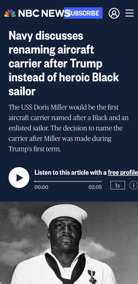 PEbert75539's tweet photo. @ajc The Navy wants to take away the Black Hero Doris Miller's name off a new aircraft carrier &amp; replace it with the USS Donald Trump. Mr Miller was a hero &amp; Trump was a draft dodger coward who has called our fallen hero's "Suckers &amp; Losers" at their Normandy cemetary. https://t.co/OlMUOnYnyC