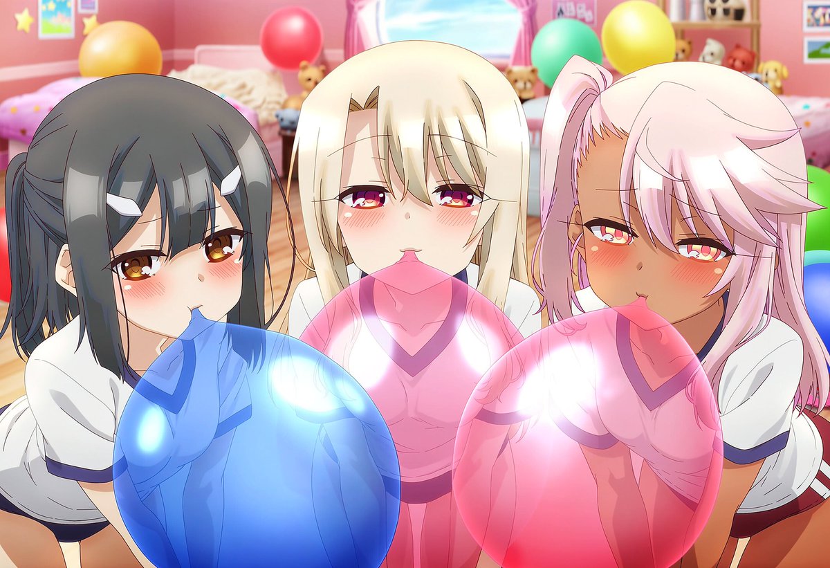 Balloon_Artwork's tweet photo. 「ねぇねぇ、私達風船膨らせているだけなのに、なんで士郎のアソコは大きくなってるのかな？」
 ”Hey, hey, we're just blowing up balloons, so why is Shirou's thing getting bigger?”
「本当だぁ！風船が膨らむ度にピクピクしてる」
"That's so true! It twitches every time the balloon inflates."
「じゃあさ、風船破裂させたらどうなるか試してみようよ！士郎のアソコどうなるかなぁ？」
"So, let's try popping a balloon and see what happens! I wonder what'll happen to Shirou's... you-know-what?"
