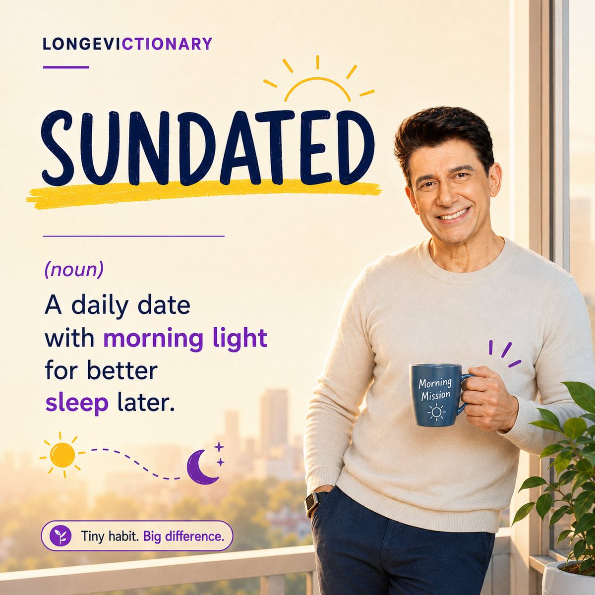 DoctorNene's tweet photo. Sunday’s Longevictionary double drop ☀️📖

SUNSCRIPTION
Your daily dose of morning light for better sleep later.
SUNDATED
A daily date with morning light your body will thank you for tonight.

Same message, two reminder words:
step into the morning sun.
A little light early in the day can help your body clock stay on track, support better sleep, and make Sundays feel a little smarter.

So here’s your Sunday assignment:
tea, sunlight, 5–10 minutes.
Are you more #Sunscription 'ed or #Sundated? 🌞

#Longevictionary #SleepBetter #MorningLight #Healthspan #SundayReset