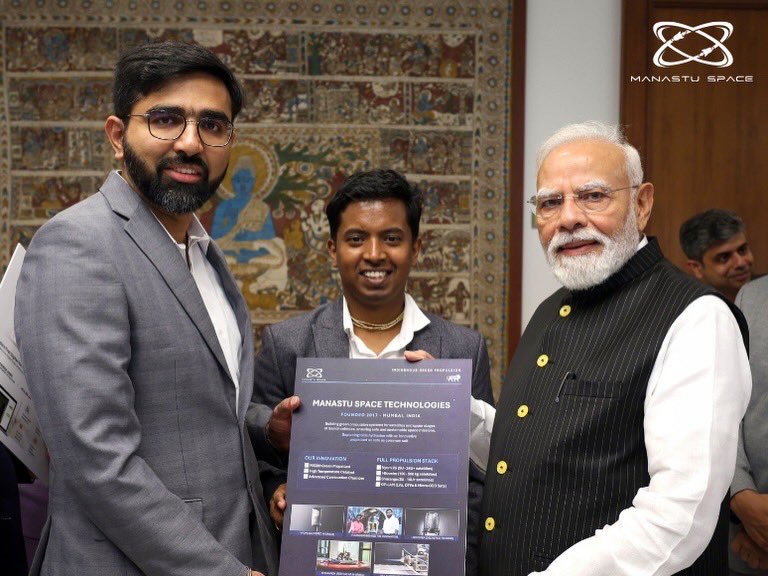 ManastuSpace's tweet photo. Not every day you're invited to meet the Hon'ble Prime Minister of India. Well, today was that special day!

21 August 2026: Our co-founders Tushar Jadhav and Ashtesh Kumar sat among a small, inspiring circle of India's space founders invited to interact directly with Hon'ble PM Shri @narendramodi 

He walked through the models, paused at the hardware and asked questions like a curious mind that genuinely wants to understand what his countrymen are building, not from a briefing, but from the founders themselves.

Over high tea, the conversation flowed the way it only does when a leader treats you as a partner in a shared mission, not an audience for a speech.

For founders who've spent a decade proving green propulsion could work, being seen, heard, and acknowledged by the Prime Minister of India is a defining moment no roadmap could have ever promised.

This is the leader who opened India's space sector to private hands in 2020 and who still makes time to stand with its builders and listen.

We carried what we've built since 2017; Vyom 2U and Sharanga, our green propulsion systems, a decade of work and labour of love that will redefine safe manoeuvrability for satellite missions in space.

To PM Modi, we are beyond grateful. To @INSPACeIND under Dr. @GoenkaPk thank you, sir, for building the runway.

We're ready to propel on it with the new legacy of our beloved Bharat 🇮🇳🚀

#NarendraModi #IndianSpace #NSpD2026 #NewSpaceIndia #INSPACe #Atmanirbhar #GreenPropulsion #ManastuSpace